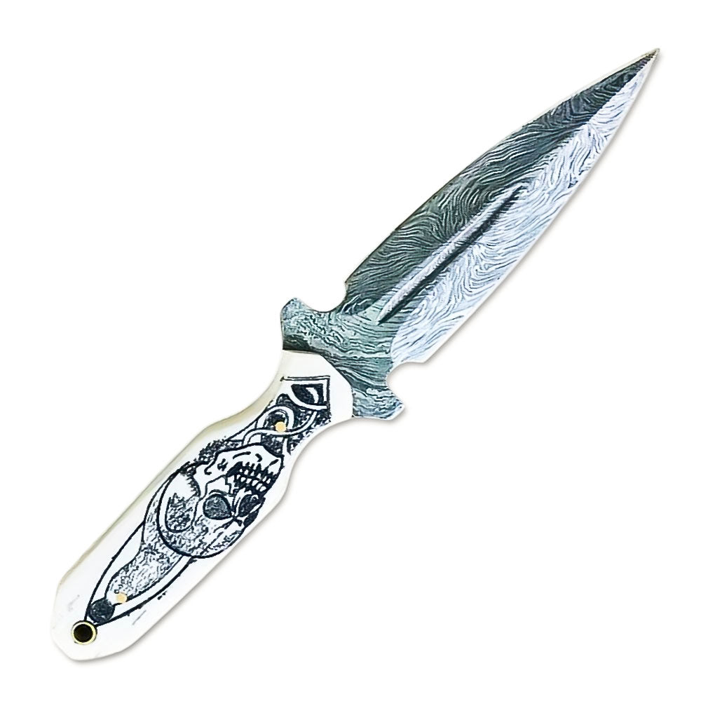 8" Handmade Damascus Steel Full Tang Double Edge Dagger Knife With Leather Sheath Camel Bone Handle - propswords