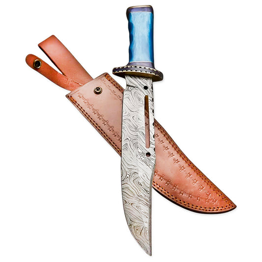 15" Handmade Damascus Steel Rat-Tail Bowie Knife Colored Bone Handle With Leather Sheath - propswords