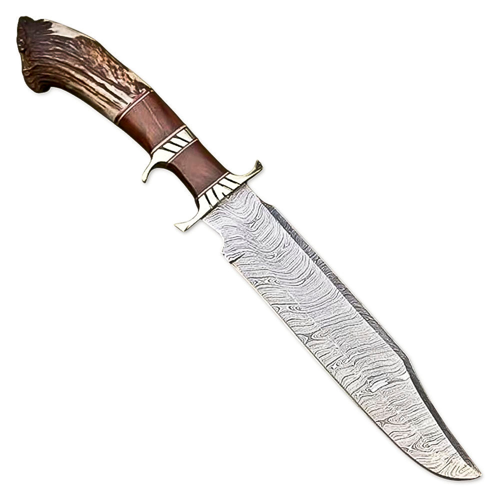 15" Handmade Damascus Steel Rat-Tail Bowie Hunting Knife Stag Antler Handle With Leather Sheath- Outdoor, Camping, Fishing, Hunting - propswords