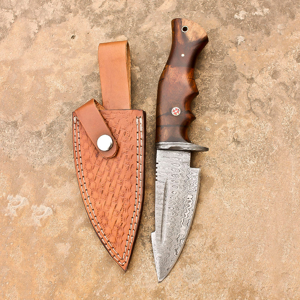 10" Damascus Steel Rat-Tail Survival Tactical Bobcat Bowie Knife With Leather Sheath-Rose Wood Handle - propswords