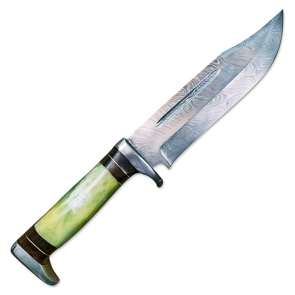 13” Handmade Damascus Steel Bowie Knife Colored Bone Handle With Leather Sheath - propswords