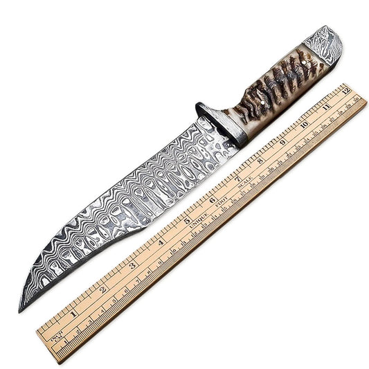 12" Handmade Damascus Steel Full Tang Bowie Hunting Knife Ram Horn Handle With Leather Sheath - propswords