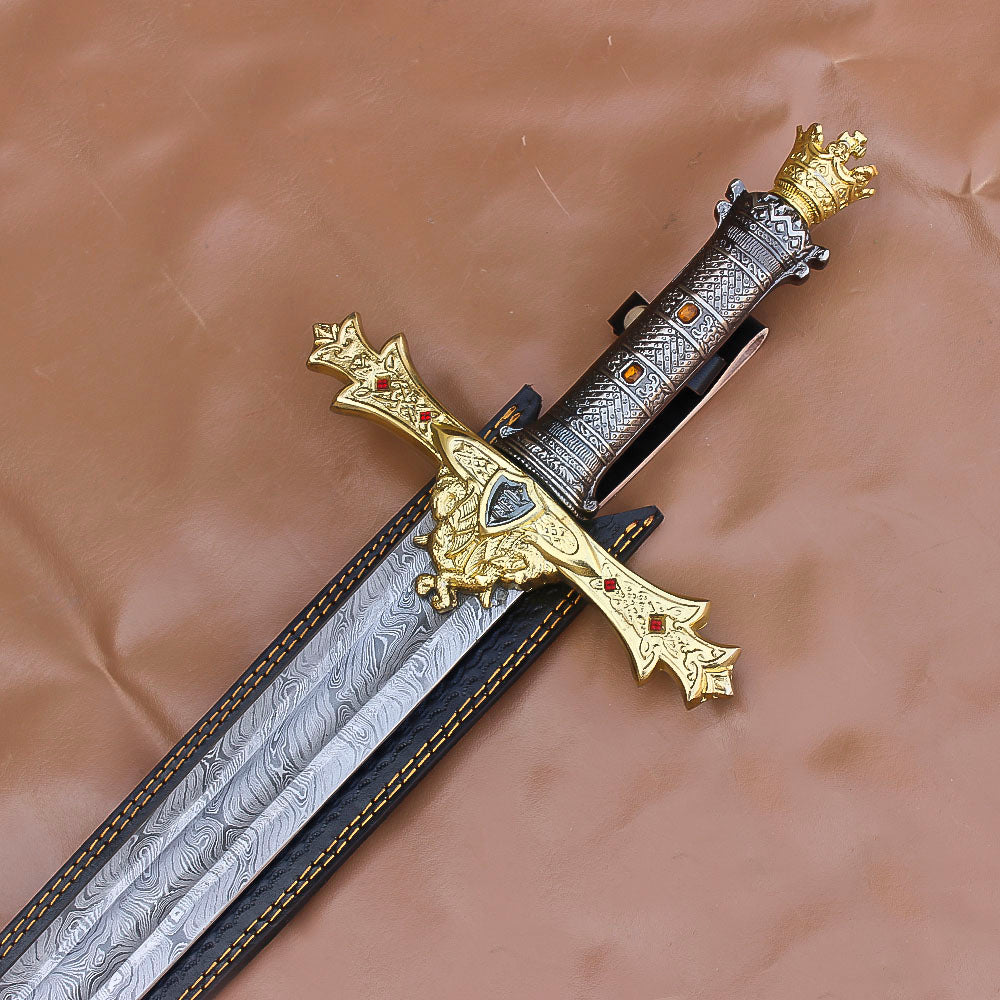 40" Awesome Hand Forged Damascus Steel Rat-Tail Marvelous Sword With Leather Sheath - propswords