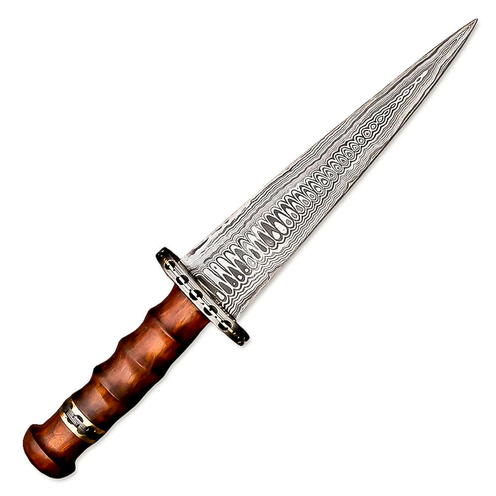 15" Hand Forged Damascus Steel Rat-Tail Dagger Knife Rose wood Handle With Leather Sheath - propswords