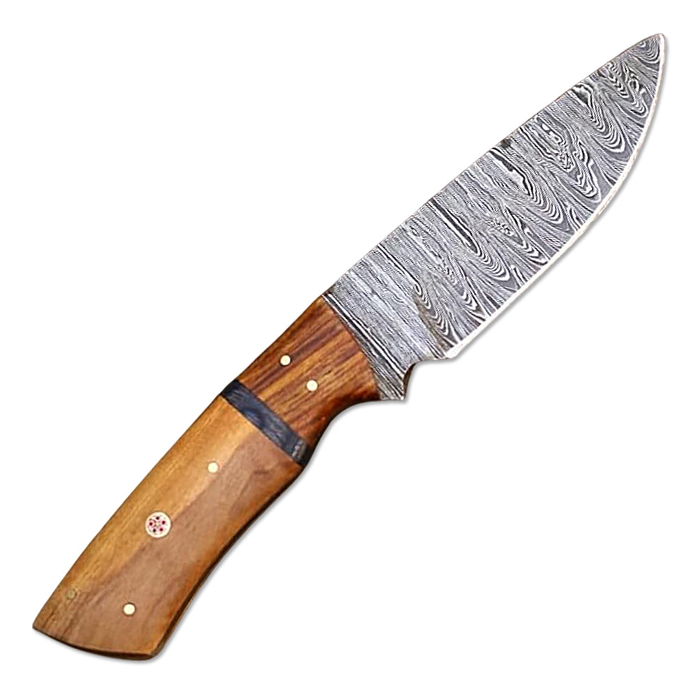 9" Handmade Damascus Steel Full Tang Hunting Knife Olive & Rose Wood Handle With Leather Sheath For Hunting, Camping, Outdoor Fishing