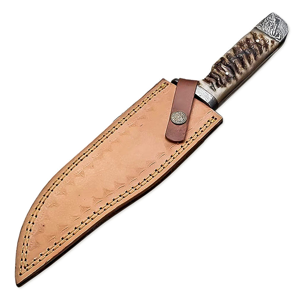 12" Handmade Damascus Steel Full Tang Bowie Hunting Knife Ram Horn Handle With Leather Sheath - propswords