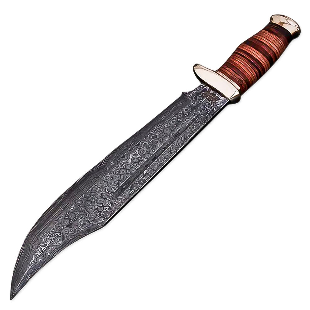15" Handmade Damascus Steel Rat-Tail Bowie Knife Hunting Knife Wood Handle With Leather Sheath, Camping, Hunting, Fishing, Outdoor - propswords