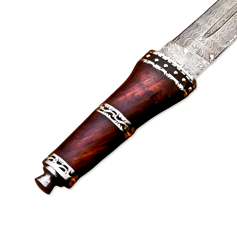 14" HandForged Damascus Steel Rat-Tail Dagger Knife Rose wood Handle With Leather Sheath - propswords