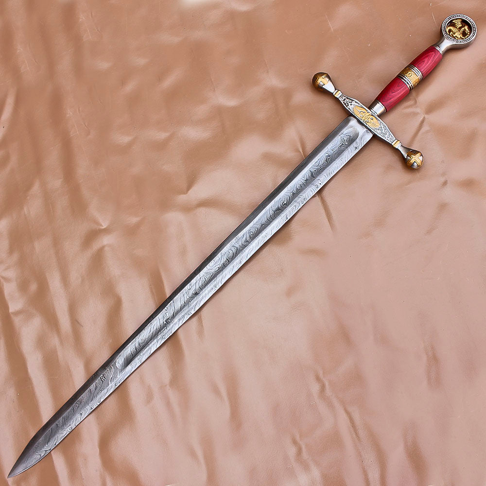 40" Custom Damascus Steel Rat-Tail Football Sword With Leather Sheath - propswords