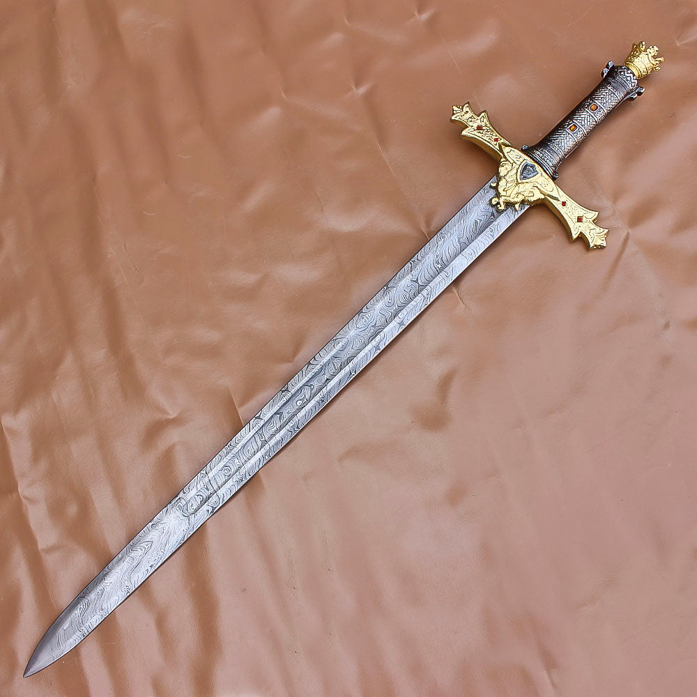 40" Awesome Hand Forged Damascus Steel Rat-Tail Marvelous Sword With Leather Sheath - propswords