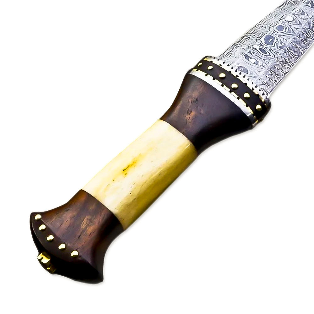 13" Handmade Damascus Steel Rat-Tail Dagger Knife Bone & Rose wood Handle With Leather Sheath - propswords