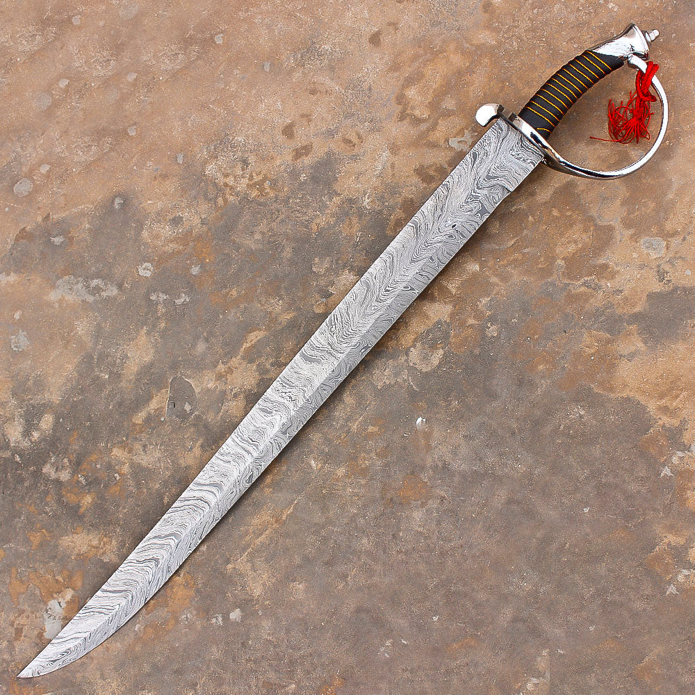 32" Hand Forged Damascus Steel Rat-Tail Cutlass Sword pirate sword With Leather Sheath - propswords