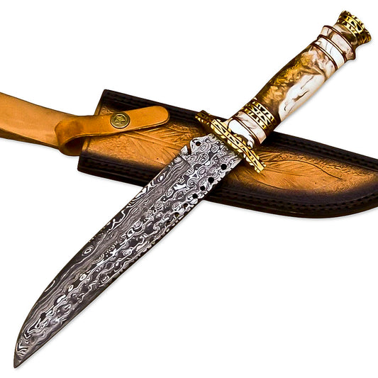 13” Handmade Damascus Steel Bowie Hunting Knife Texture Bone Handle With Leather Sheath - propswords