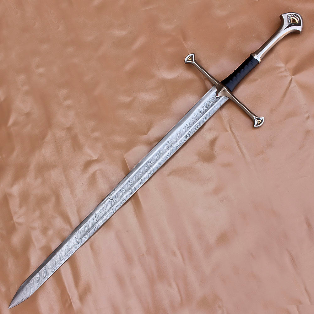 40" Damascus Steel Anduril Sword of Narsil The King Aragorn Sword Medieval Movie Sword With Leather Sheath - propswords