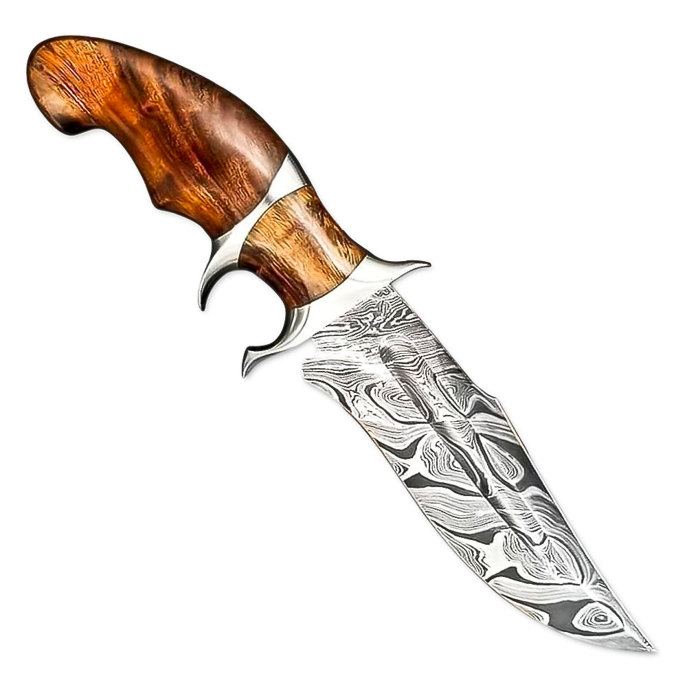 10" Handmade Damascus Steel Rat-Tail Rose Wood Handle Bowie Knife With Leather Sheath
