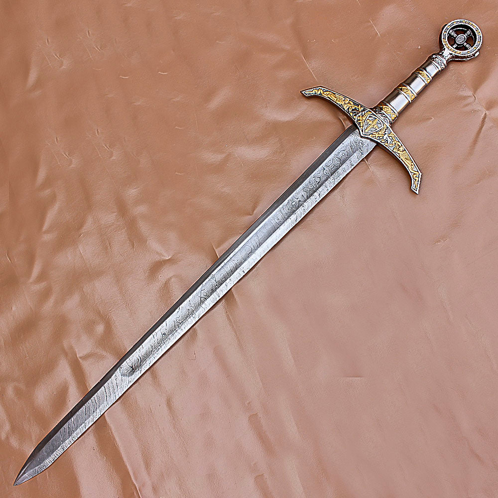 40" Hand Forged Damascus Steel Rat-Tail Locksley Sword With Leather Sheath - propswords