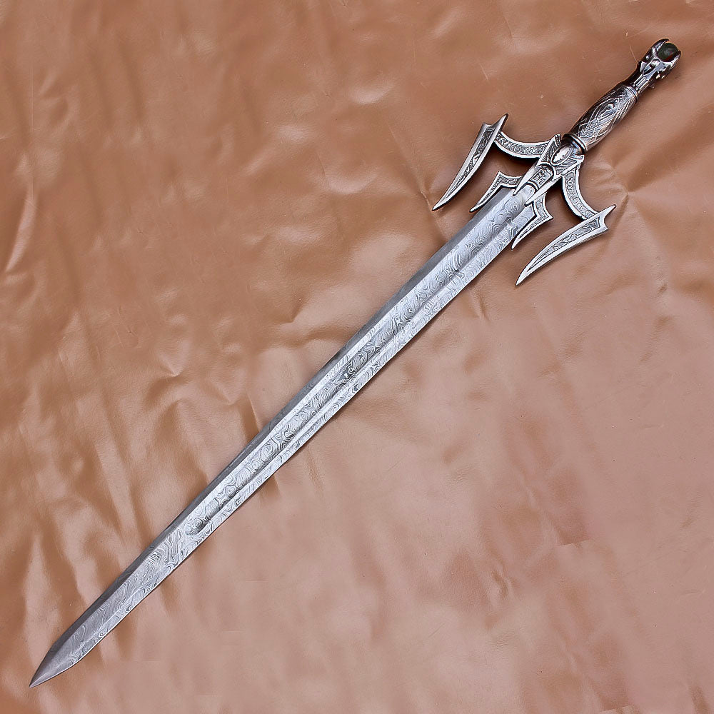 40" Hand Forged Damascus Steel Rat-Tail Batman Sword With Leather Sheath - propswords
