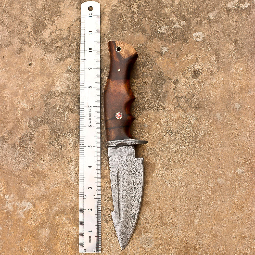 10" Damascus Steel Rat-Tail Survival Tactical Bobcat Bowie Knife With Leather Sheath-Rose Wood Handle - propswords