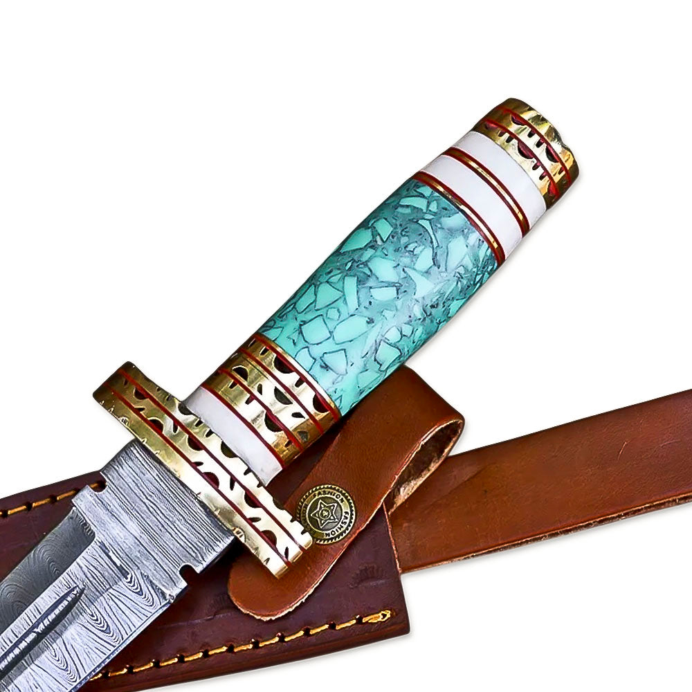 13" HandForged Damascus Steel Rat-Tail Double Edge Dagger Knife Resin & Bone Handle With Leather Sheath - propswords