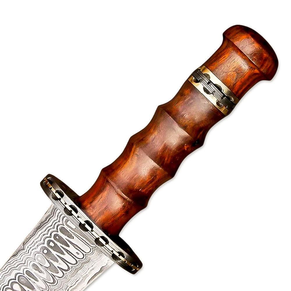 15" Hand Forged Damascus Steel Rat-Tail Dagger Knife Rose wood Handle With Leather Sheath - propswords