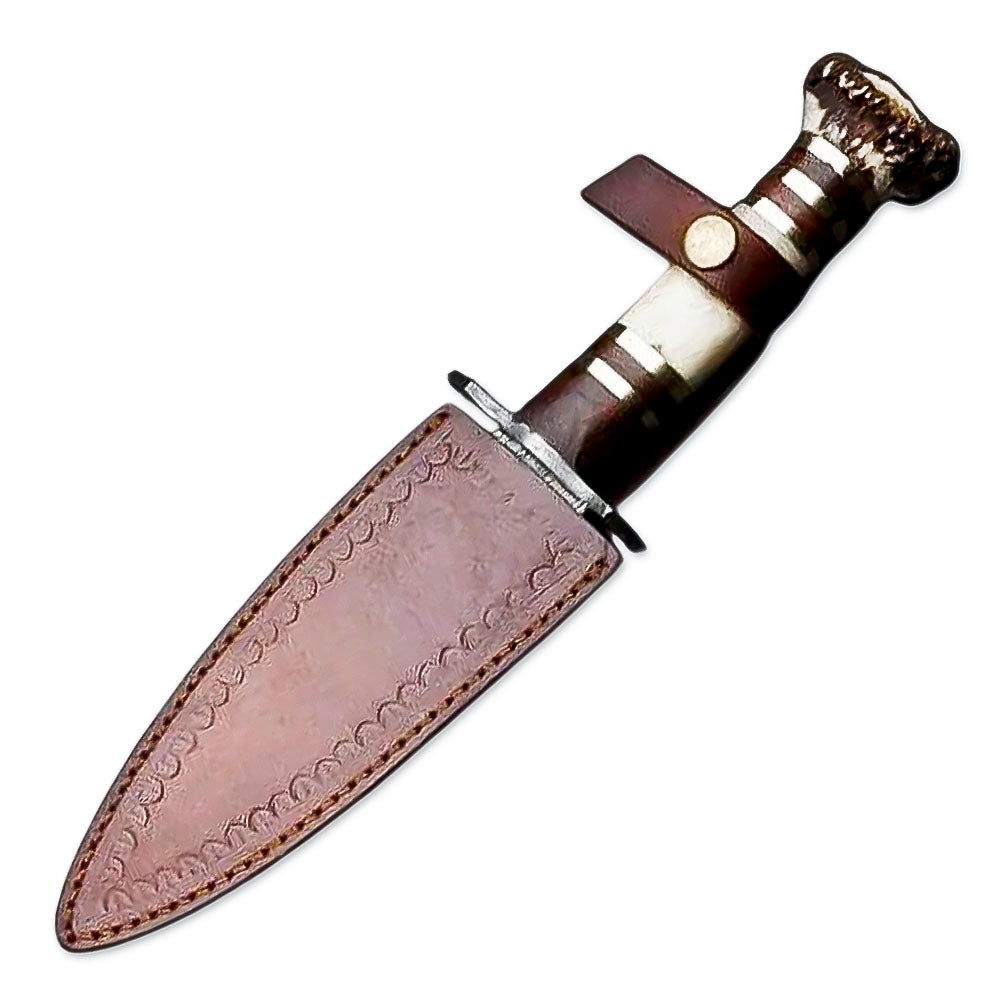 10" Handmade Damascus Steel Rat-Tail Dagger Knife With Leather Sheath- Stag antler & Bone Handle - propswords