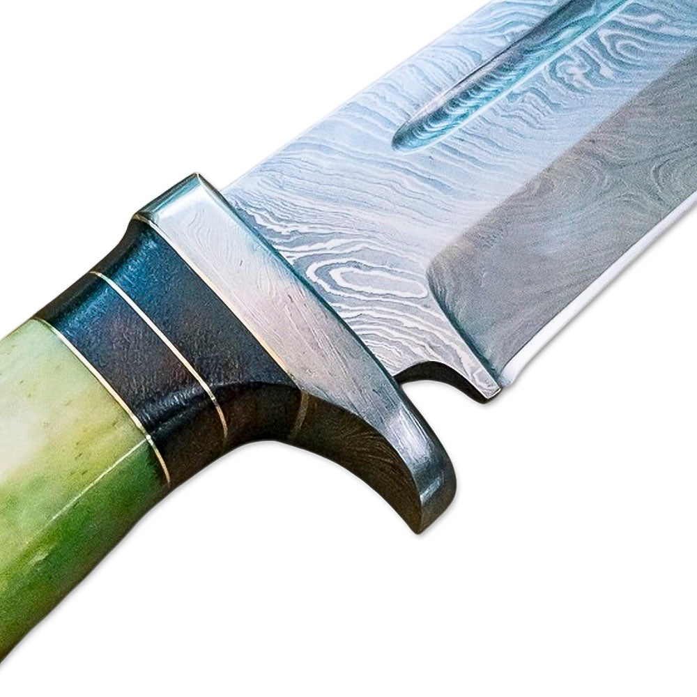 13” Handmade Damascus Steel Bowie Knife Colored Bone Handle With Leather Sheath - propswords
