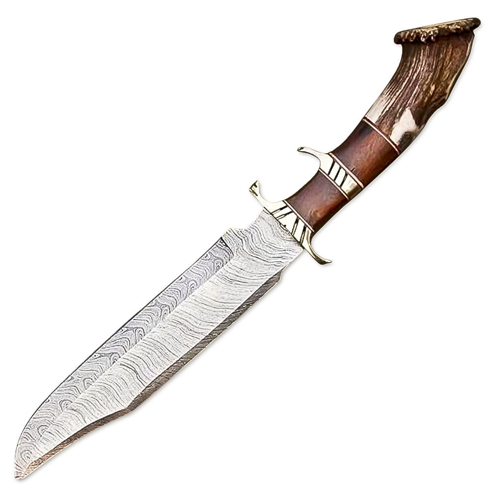 15" Handmade Damascus Steel Rat-Tail Bowie Hunting Knife Stag Antler Handle With Leather Sheath- Outdoor, Camping, Fishing, Hunting - propswords