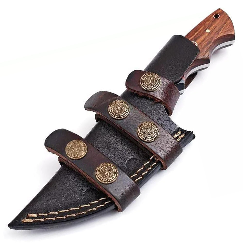 8" Handmade Damascus Steel Full Tang Hunting Knife Rose Wood & Micarta Handle With Leather Sheath For Hunting, Outdoor, Camping, Fishing