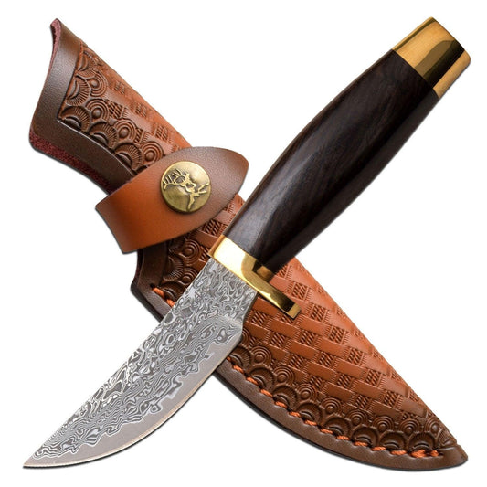 Elk Ridge 7.5" Wood Handle Fixed Blade Hunting Skinning Knife Damascus Steel - propswords