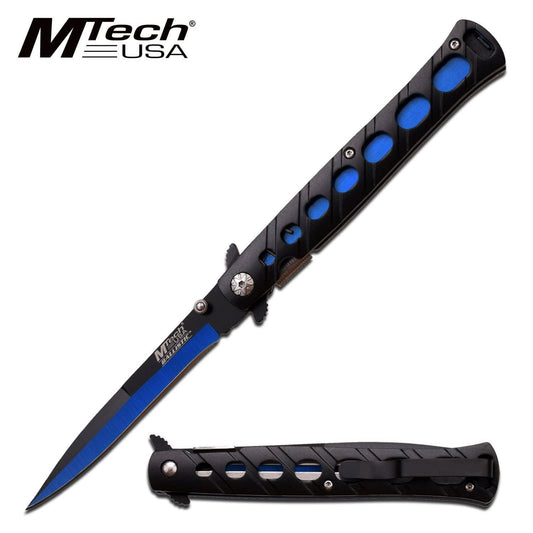 Spring Assist Pocket Folding Knife Mtech Black Blue Tactical Stiletto Blade - propswords