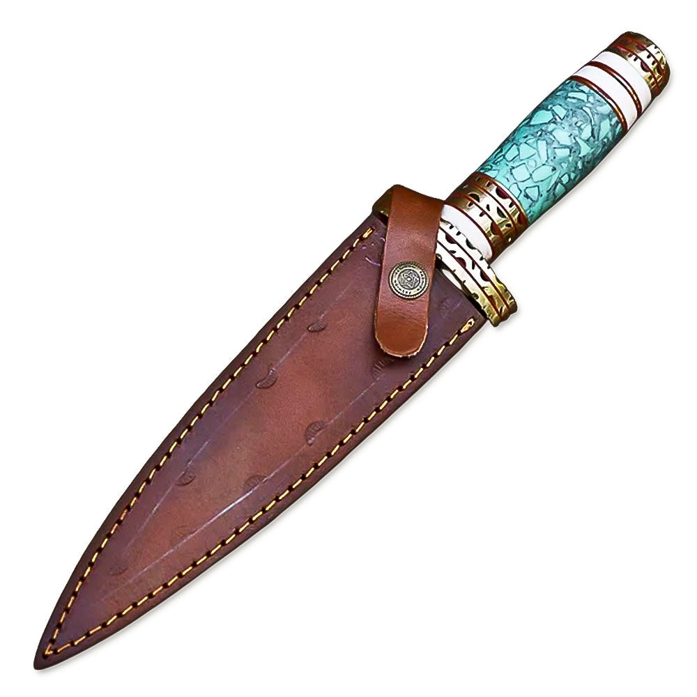 13" HandForged Damascus Steel Rat-Tail Double Edge Dagger Knife Resin & Bone Handle With Leather Sheath - propswords