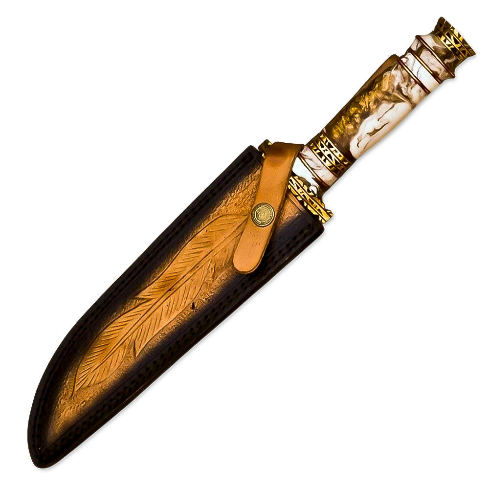 13” Handmade Damascus Steel Bowie Hunting Knife Texture Bone Handle With Leather Sheath - propswords