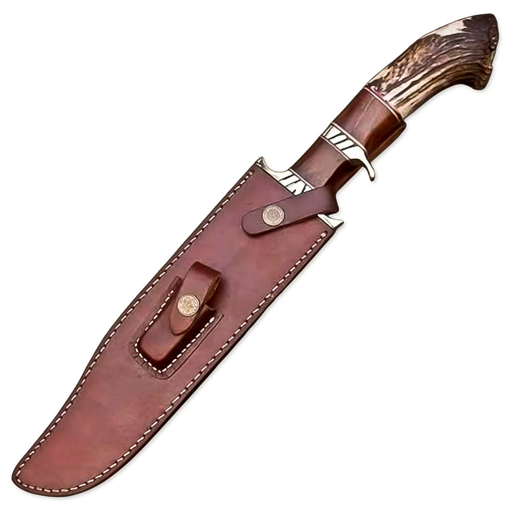 15" Handmade Damascus Steel Rat-Tail Bowie Hunting Knife Stag Antler Handle With Leather Sheath- Outdoor, Camping, Fishing, Hunting - propswords