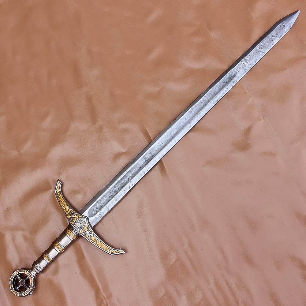 40" Hand Forged Damascus Steel Rat-Tail Locksley Sword With Leather Sheath - propswords