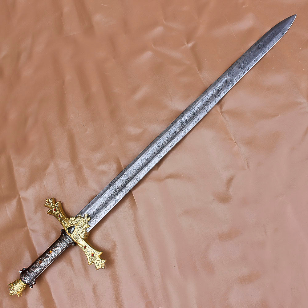 40" Awesome Hand Forged Damascus Steel Rat-Tail Marvelous Sword With Leather Sheath - propswords