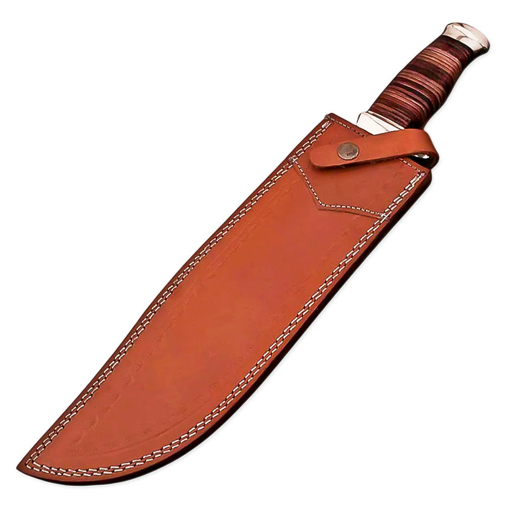 15" Handmade Damascus Steel Rat-Tail Bowie Knife Hunting Knife Wood Handle With Leather Sheath, Camping, Hunting, Fishing, Outdoor