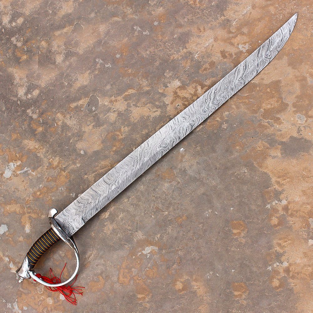 32" Hand Forged Damascus Steel Rat-Tail Cutlass Sword pirate sword With Leather Sheath - propswords