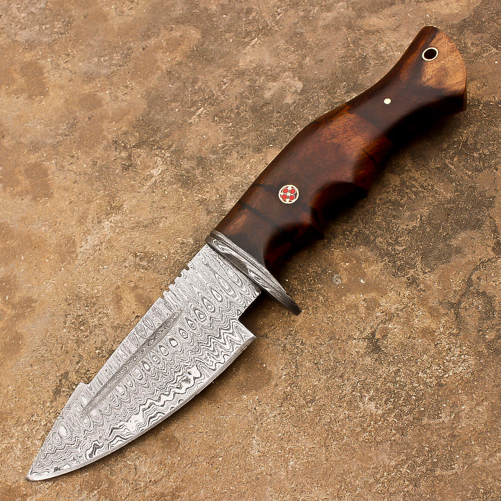 10" Damascus Steel Rat-Tail Survival Tactical Bobcat Bowie Knife With Leather Sheath-Rose Wood Handle - propswords