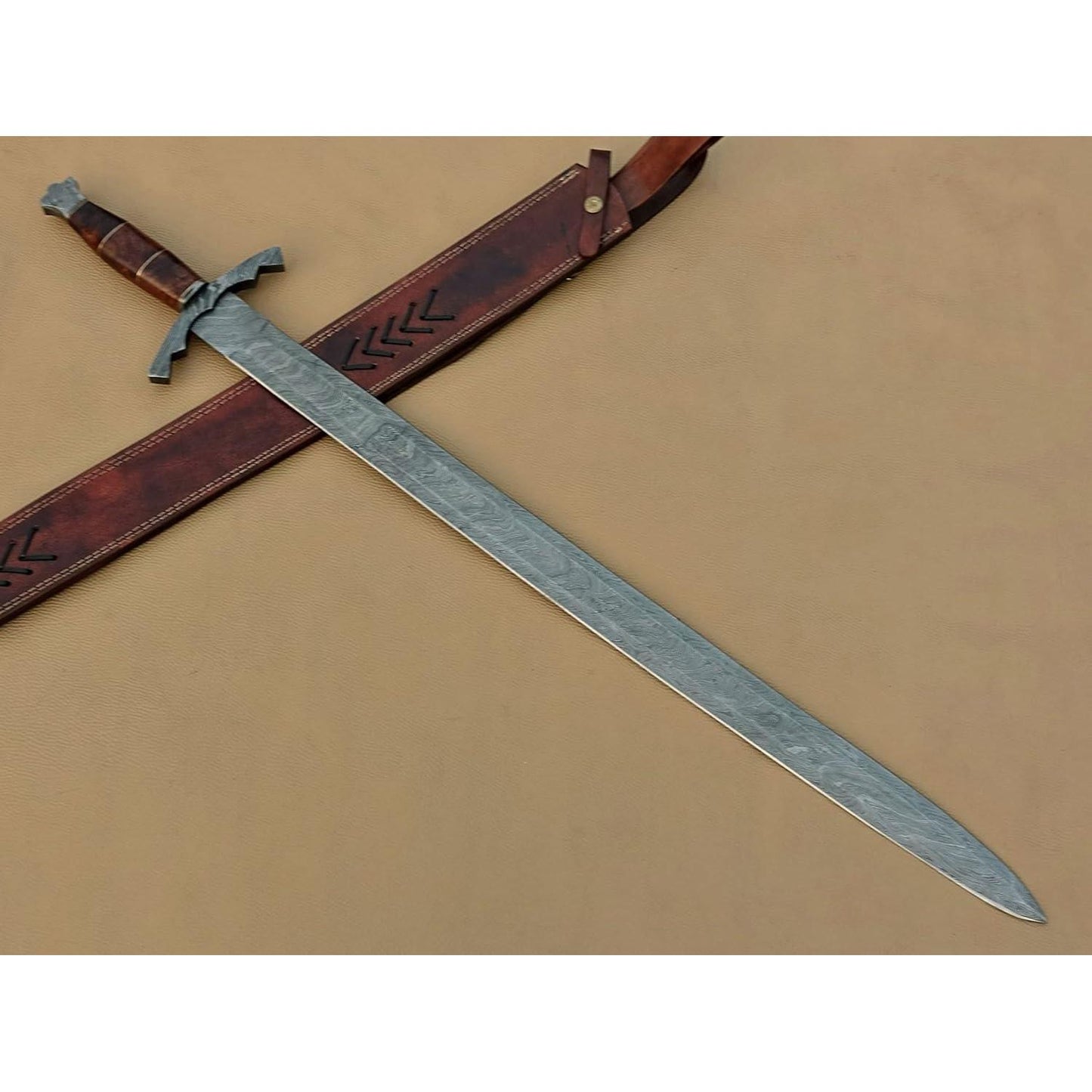 Handmade Damascus Steel Viking Sword/Medieval Sword with Leather Sheath - propswords