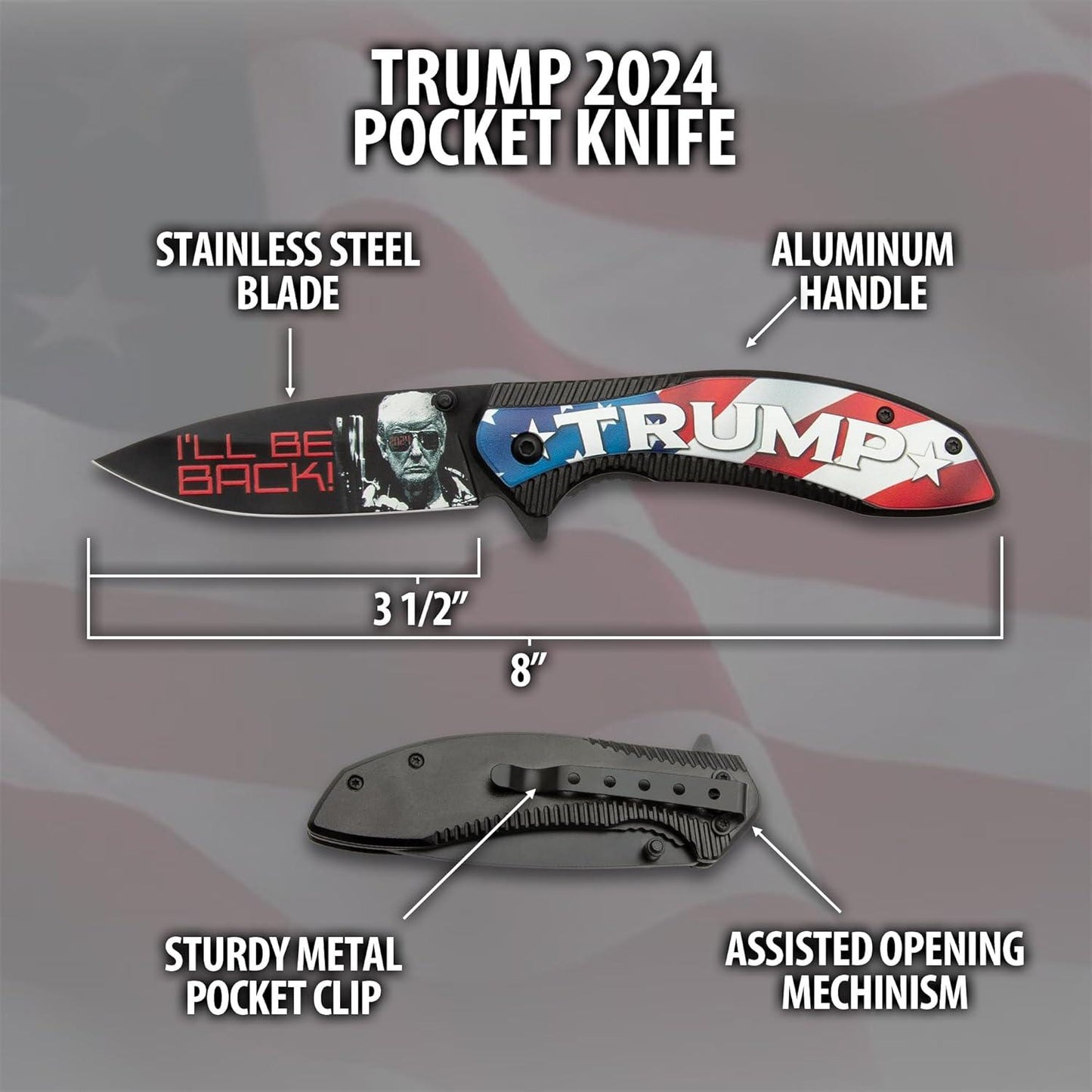 Trump 2024 Pocket Knife - 3D Printed Stainless Steel Blade, Titanium Coated Aluminum And Wood Handle - propswords