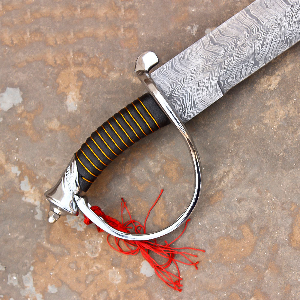 32" Hand Forged Damascus Steel Rat-Tail Cutlass Sword pirate sword With Leather Sheath - propswords