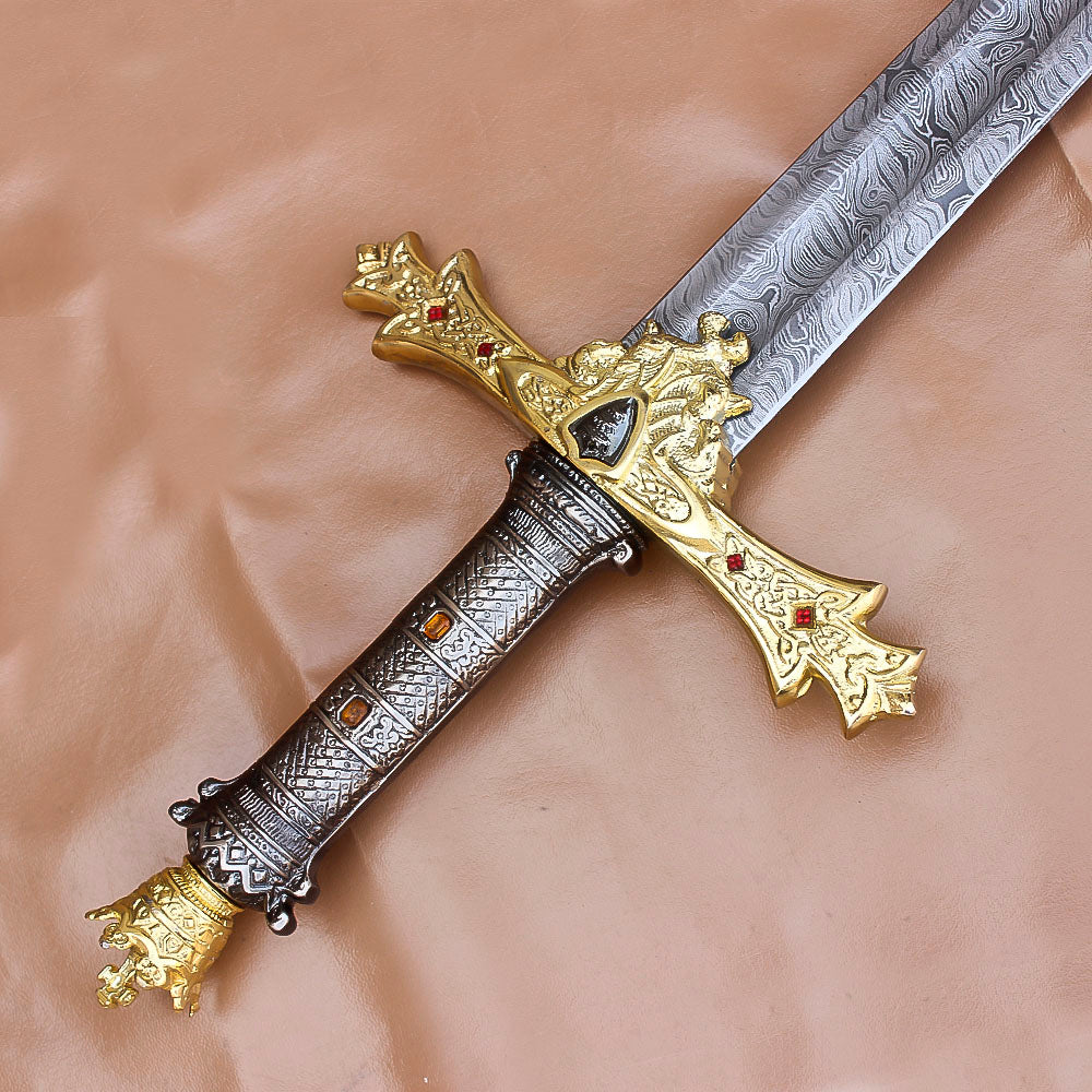 40" Awesome Hand Forged Damascus Steel Rat-Tail Marvelous Sword With Leather Sheath - propswords