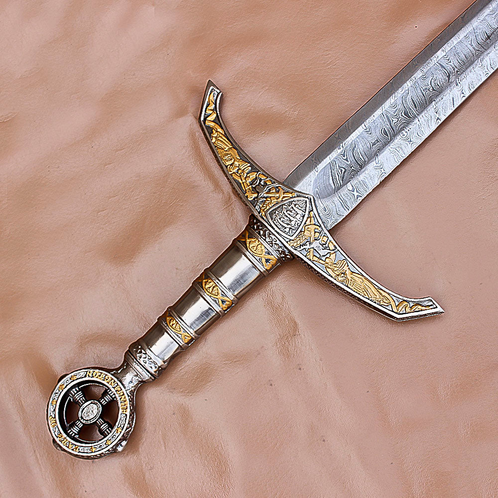 40" Hand Forged Damascus Steel Rat-Tail Locksley Sword With Leather Sheath - propswords