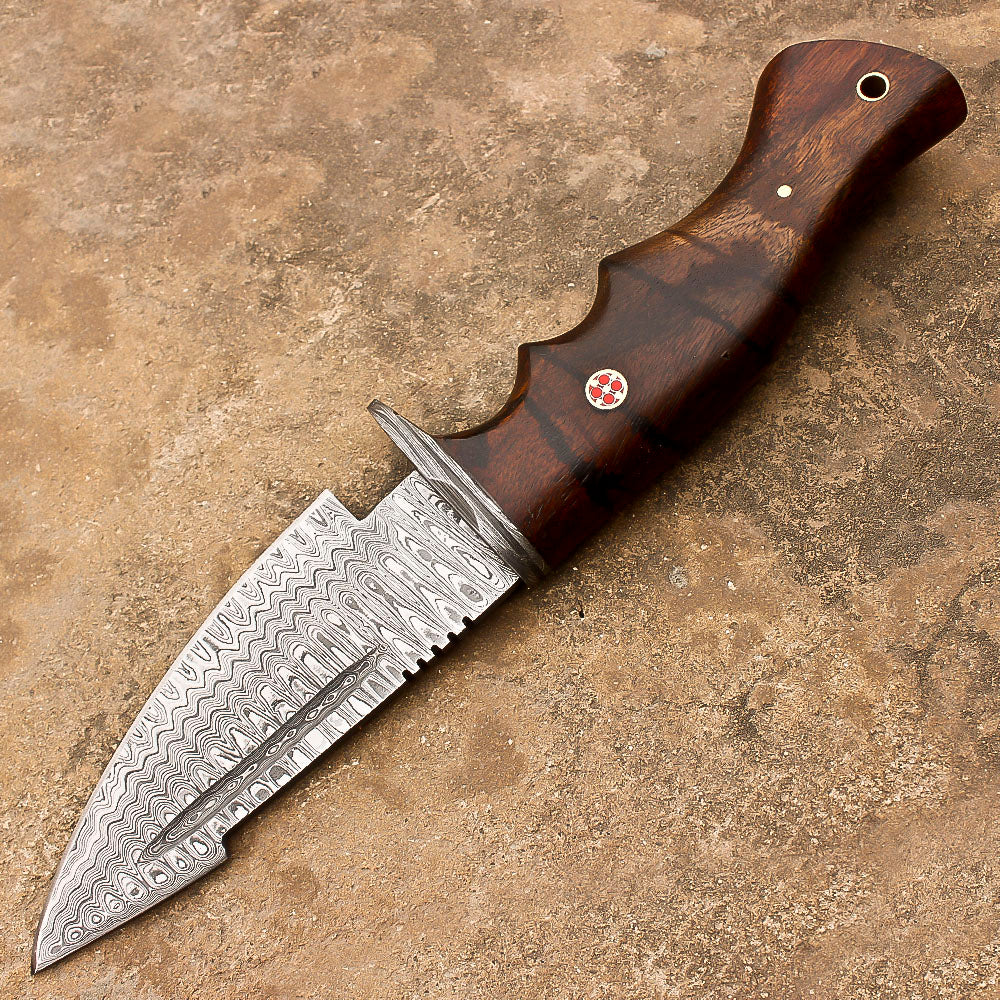 10" Damascus Steel Rat-Tail Survival Tactical Bobcat Bowie Knife With Leather Sheath-Rose Wood Handle - propswords