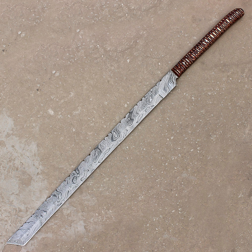 28" Hand Forged Damascus Steel Full Tang Machete Knife Outdoor Hunting Knife With Leather Sheath - propswords