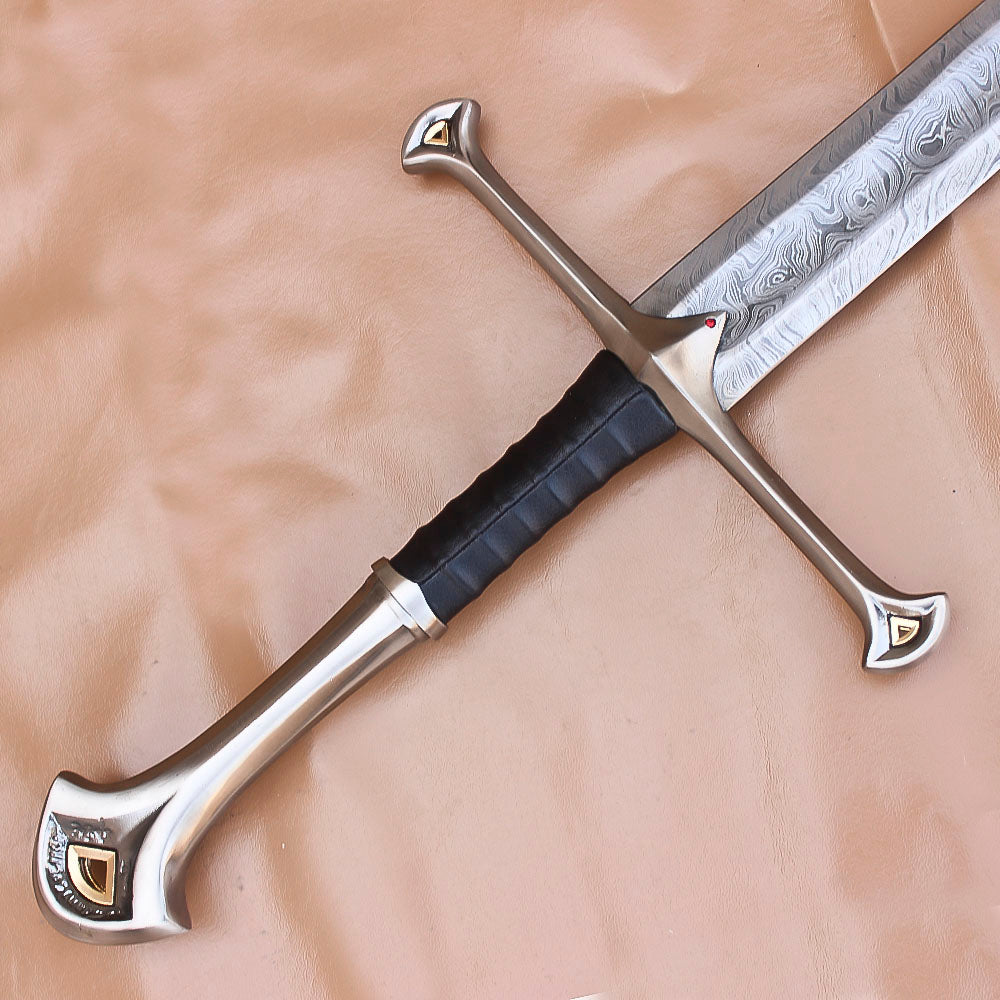 40" Damascus Steel Anduril Sword of Narsil The King Aragorn Sword Medieval Movie Sword With Leather Sheath - propswords