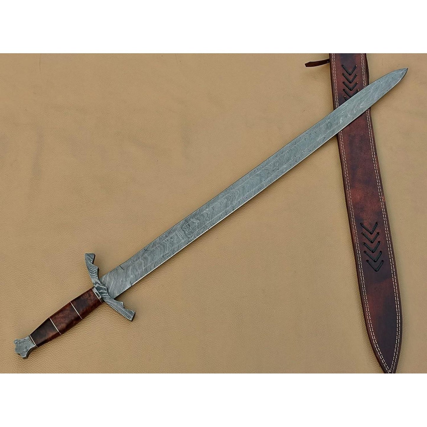 Handmade Damascus Steel Viking Sword/Medieval Sword with Leather Sheath - propswords