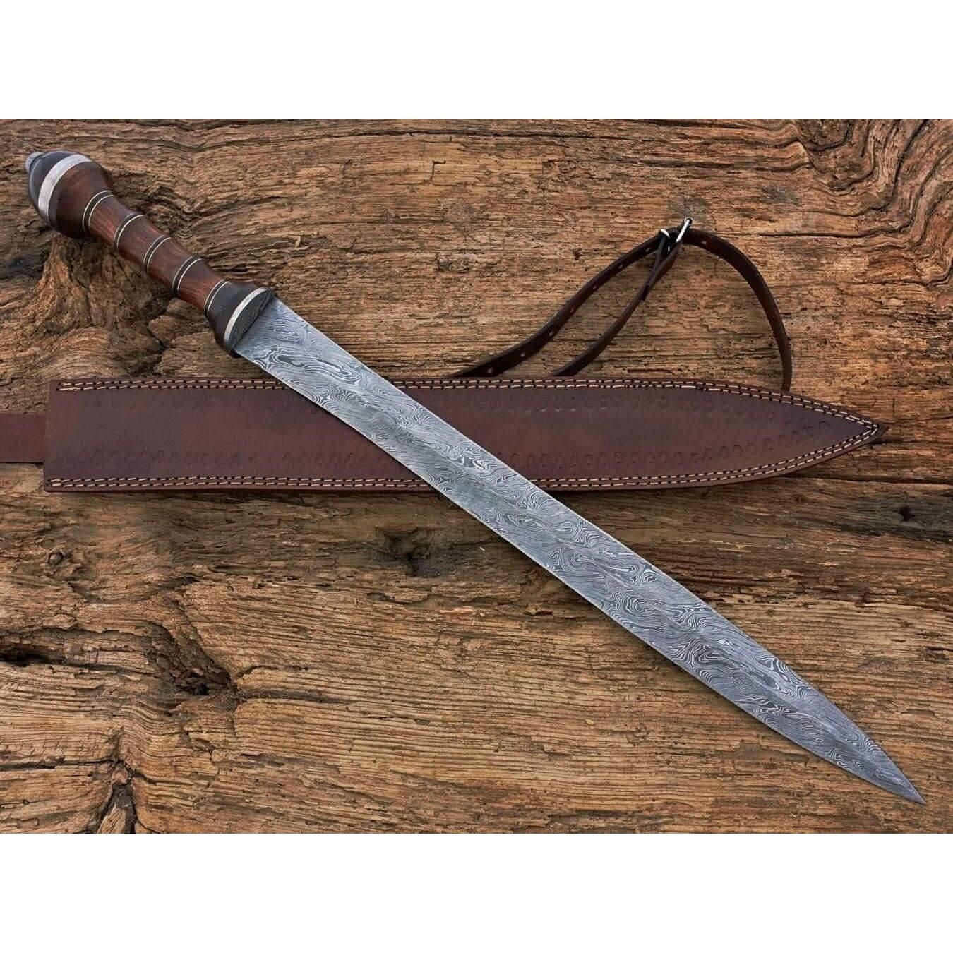Damascus Steel Gladiator Sword/Handmade Roman Gladius Sword/Sword with Leather - propswords