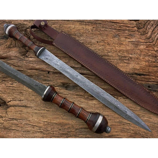 Damascus Steel Gladiator Sword/Handmade Roman Gladius Sword/Sword with Leather - propswords
