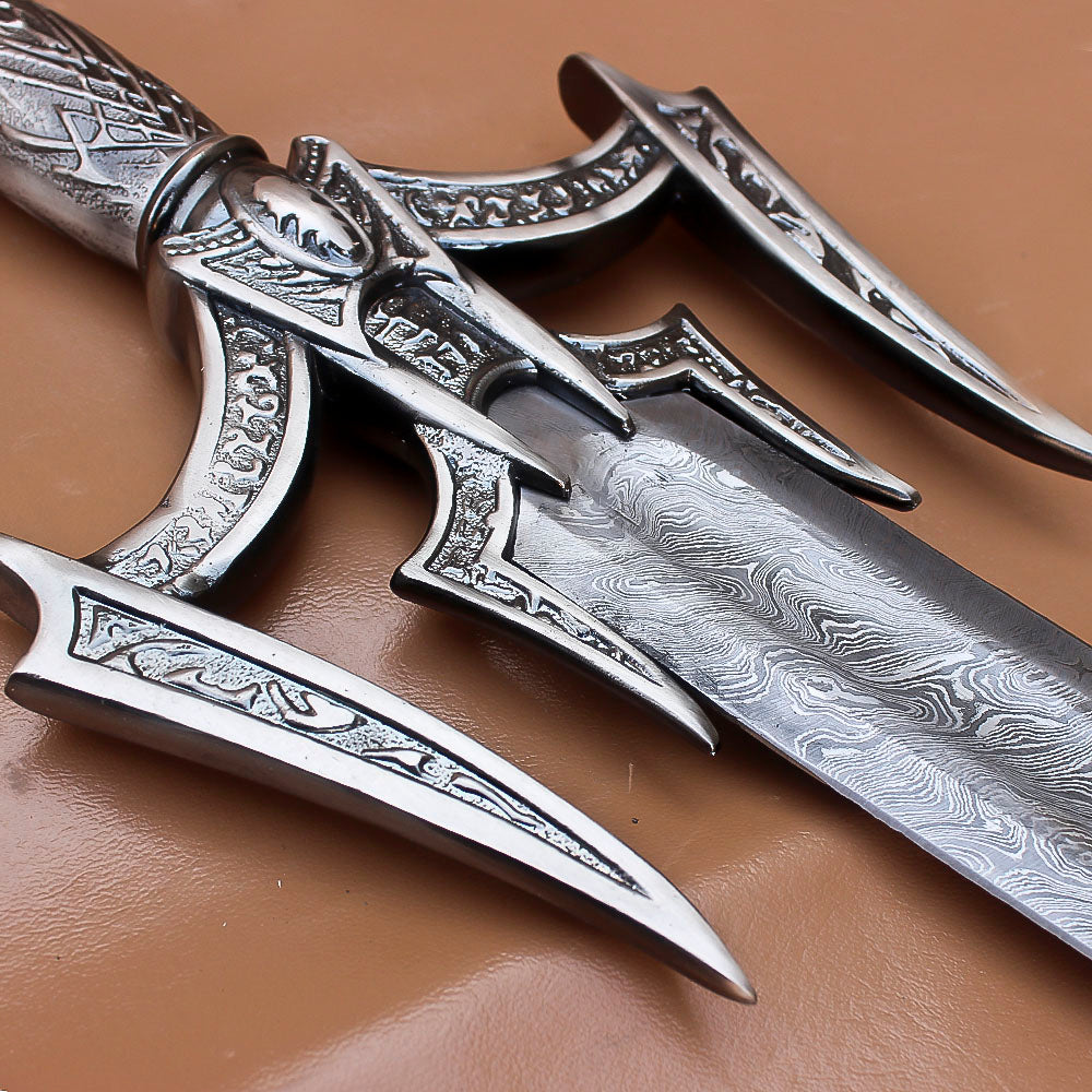 40" Hand Forged Damascus Steel Rat-Tail Batman Sword With Leather Sheath - propswords